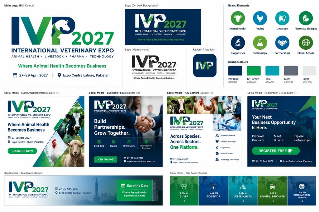 IVP-2027 brand sheet: full-colour logo, dark and monochrome versions, favicon, sector icons, colours, and social graphics