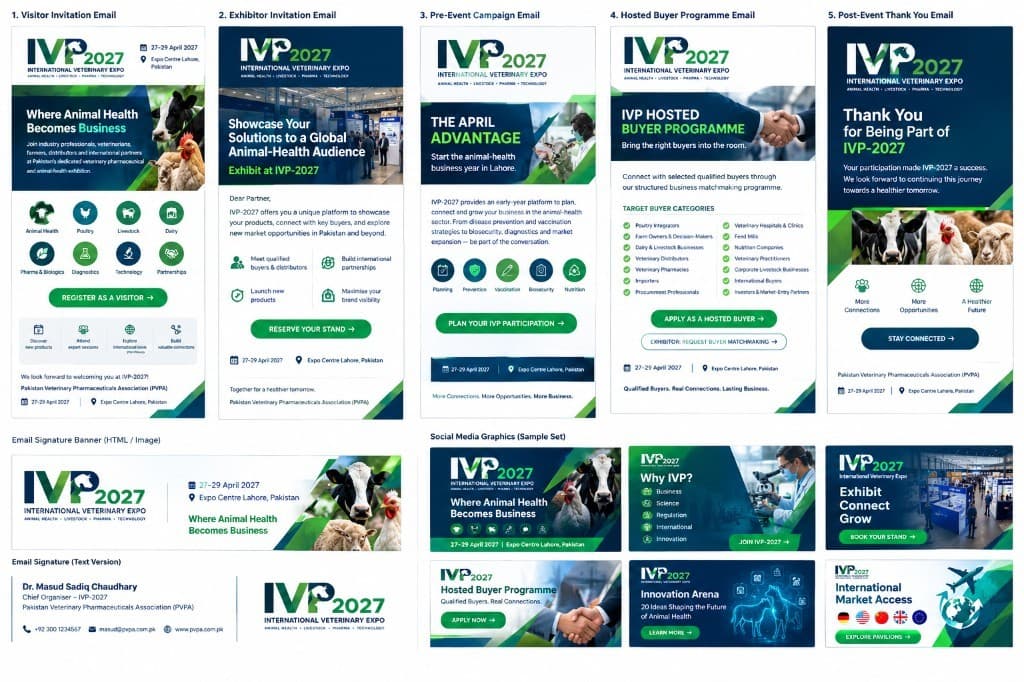 IVP-2027 email campaign sheet showing five email layouts and a signature banner